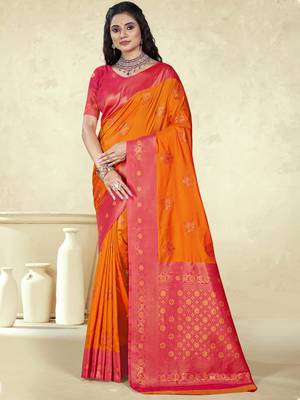 Sangam prints orange silk woven work traditional saree 1