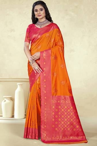 Sangam prints orange silk woven work traditional saree
