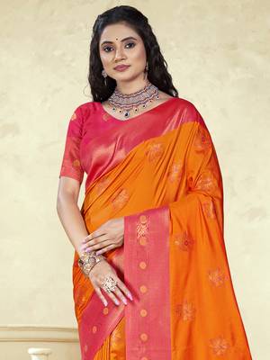 Sangam prints orange silk woven work traditional saree 2