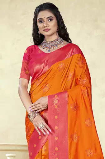 Sangam prints orange silk woven work traditional saree