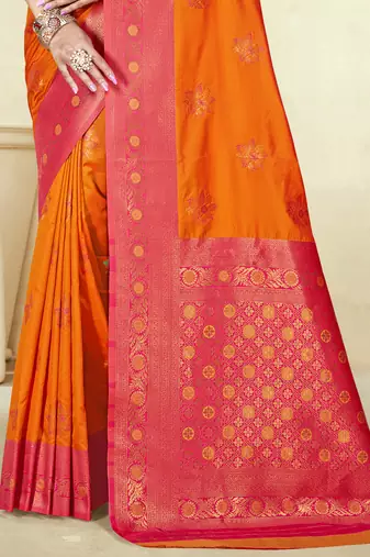 Sangam prints orange silk woven work traditional saree