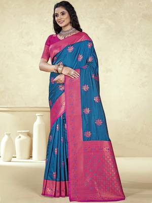 Sangam prints blue silk woven work traditional saree 1