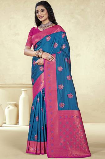 Sangam prints blue silk woven work traditional saree