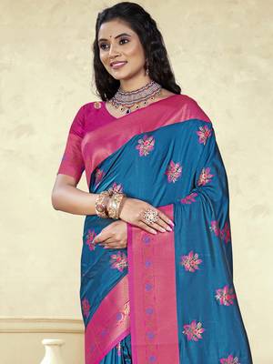 Sangam prints blue silk woven work traditional saree 2