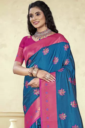 Sangam prints blue silk woven work traditional saree