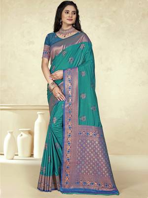 Sangam prints sky blue silk woven work traditional saree 1