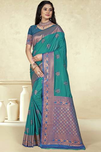 Sangam prints sky blue silk woven work traditional saree