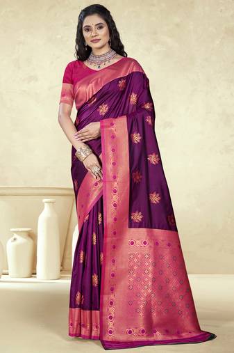 Sangam prints wine silk woven work traditional saree