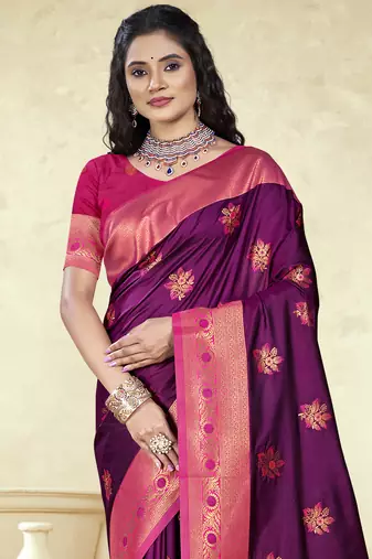 Sangam prints wine silk woven work traditional saree