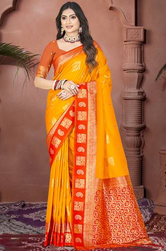 Sangam prints mustard silk woven work traditional saree