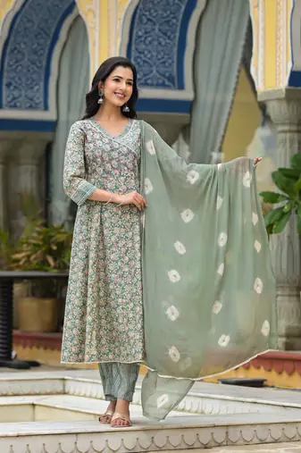 Floral printed pure muslin anarkali kurta with pyjamas & dupatta