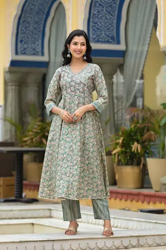 Floral printed pure muslin anarkali kurta with pyjamas & dupatta