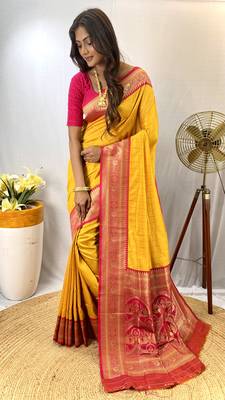 Yellow Kanchipuram Style Paithani Silk bland contrust border Saree With Blouse 1