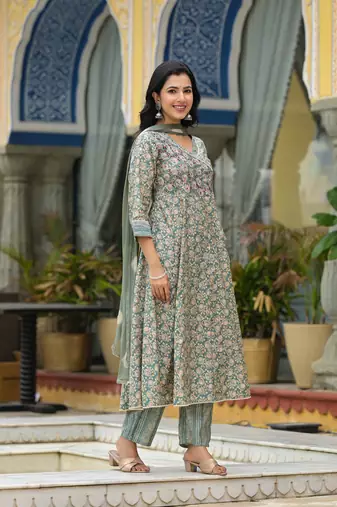 Floral printed pure muslin anarkali kurta with pyjamas & dupatta