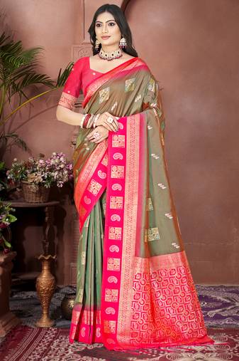 Sangam prints olive green silk woven work traditional saree