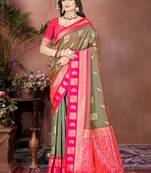 Sangam prints olive green silk woven work traditional saree