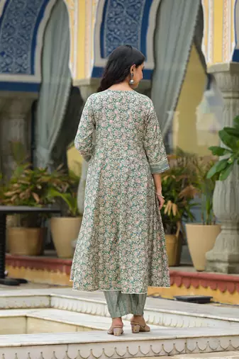 Floral printed pure muslin anarkali kurta with pyjamas & dupatta