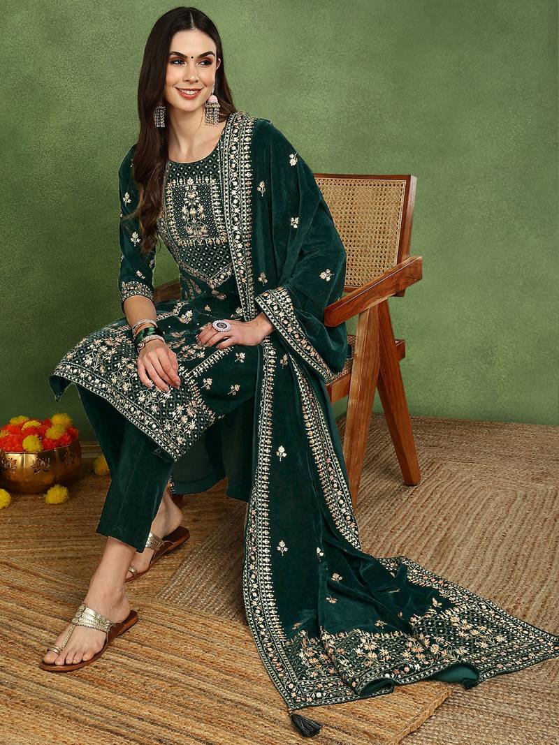 women green velvet ethnic motifs printed straight kurta trousers with dupatta