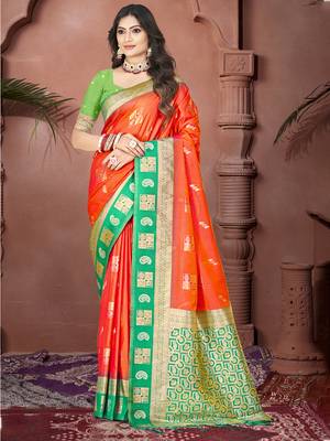 Sangam prints orange silk woven work traditional saree 1