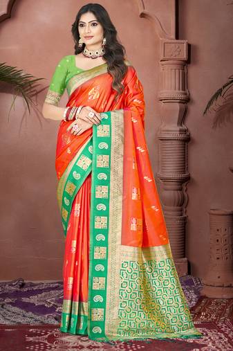 Sangam prints orange silk woven work traditional saree