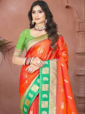 Sangam prints orange silk woven work traditional saree 2