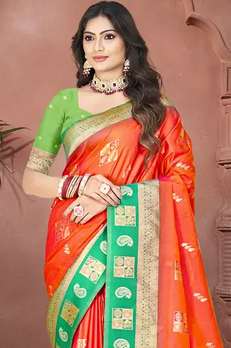 Sangam prints orange silk woven work traditional saree