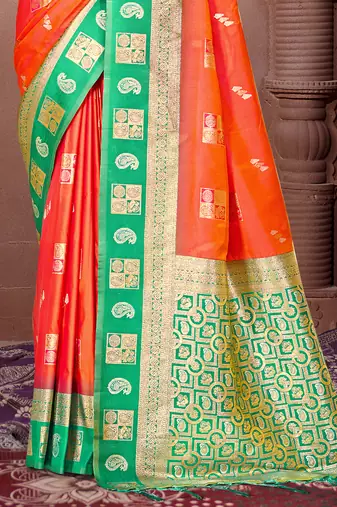 Sangam prints orange silk woven work traditional saree