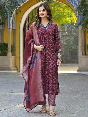 women maroon rayon blend floral printed straight kurta trousers with dupatta 1