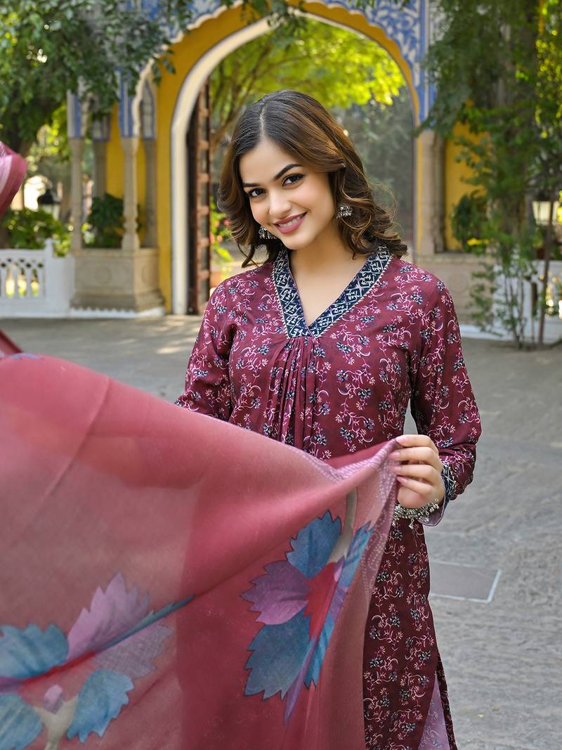 women maroon rayon blend floral printed straight kurta trousers with dupatta