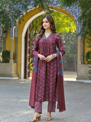 women maroon rayon blend floral printed straight kurta trousers with dupatta 3