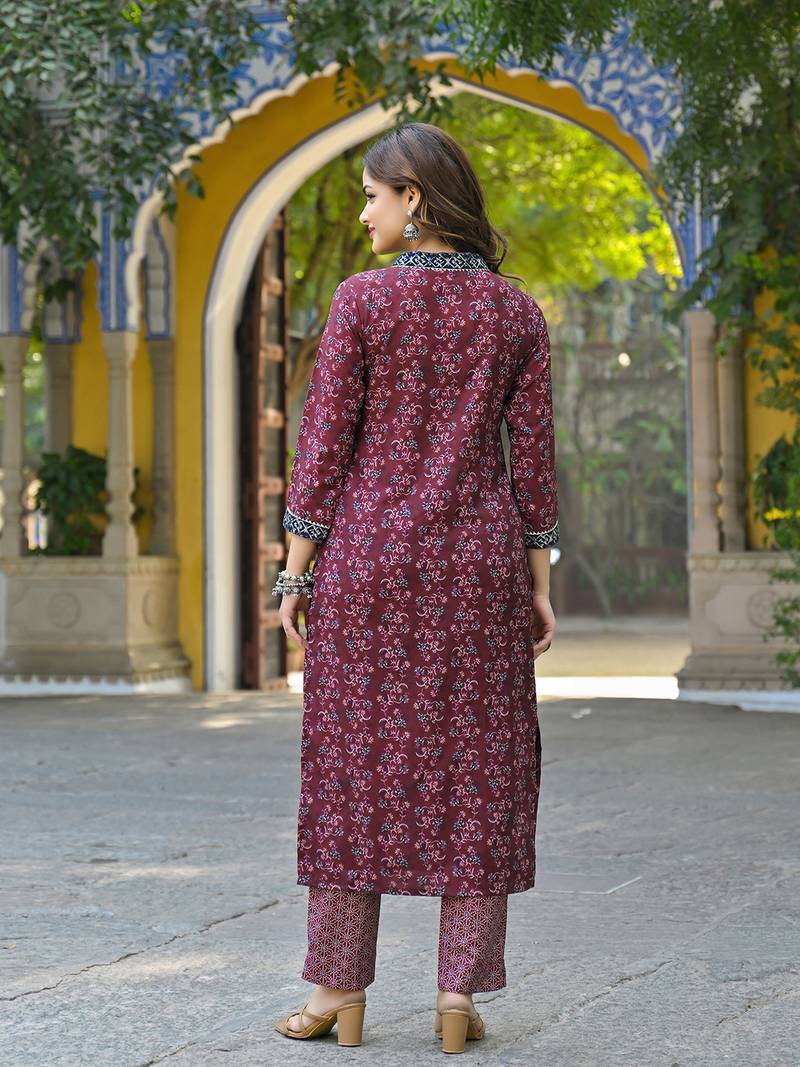 women maroon rayon blend floral printed straight kurta trousers with dupatta