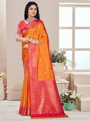 Sangam prints orange silk woven work traditional saree 1