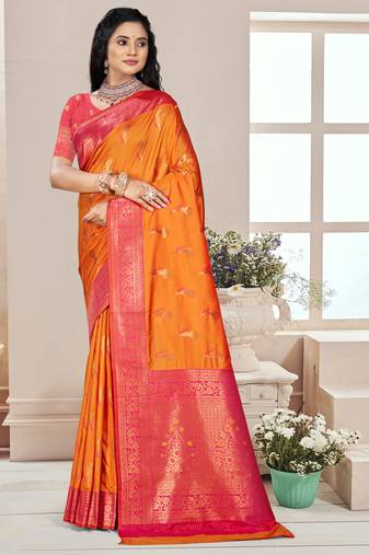 Sangam prints orange silk woven work traditional saree