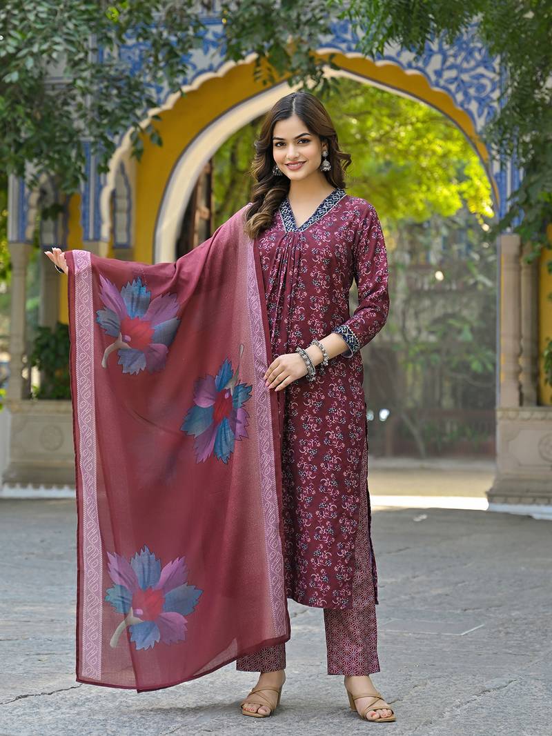 women maroon rayon blend floral printed straight kurta trousers with dupatta