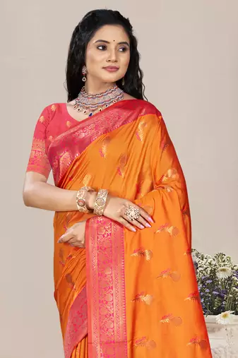 Sangam prints orange silk woven work traditional saree