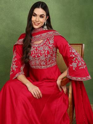 pink silk blend solid embroidered anarkali gown with dupatta 1