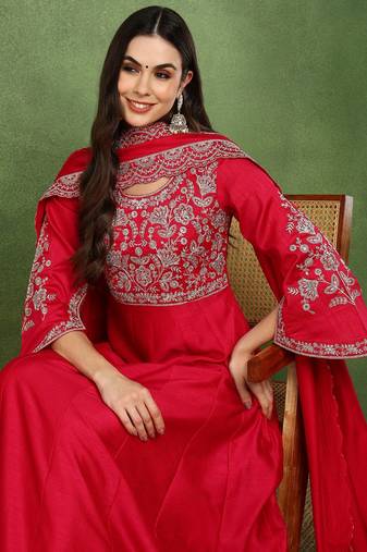 pink silk blend solid embroidered anarkali gown with dupatta