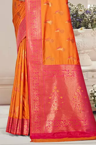 Sangam prints orange silk woven work traditional saree