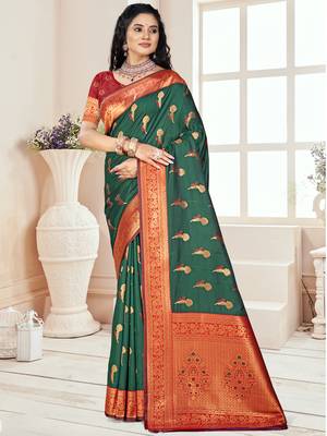Sangam prints bottle green silk woven work traditional saree 1