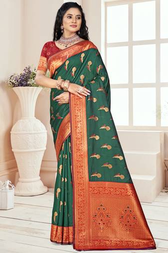 Sangam prints bottle green silk woven work traditional saree