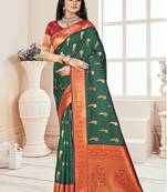 Sangam prints bottle green silk woven work traditional saree