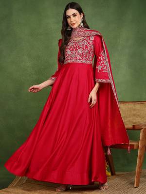 pink silk blend solid embroidered anarkali gown with dupatta 2