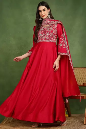 pink silk blend solid embroidered anarkali gown with dupatta