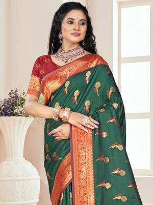 Sangam prints bottle green silk woven work traditional saree 2