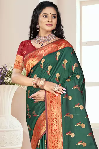 Sangam prints bottle green silk woven work traditional saree