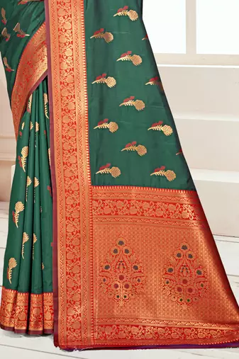 Sangam prints bottle green silk woven work traditional saree