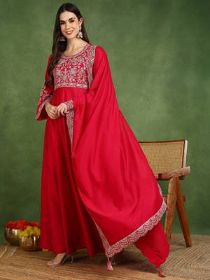pink silk blend solid embroidered anarkali gown with dupatta 3