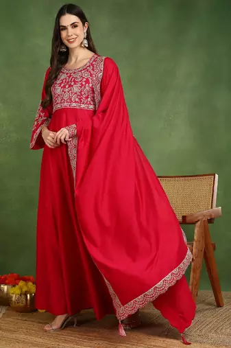 pink silk blend solid embroidered anarkali gown with dupatta