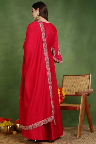 pink silk blend solid embroidered anarkali gown with dupatta
