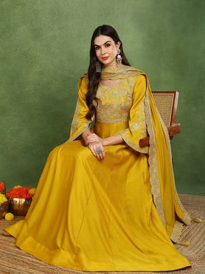 mustard silk blend solid embroidered anarkali gown with dupatta 1